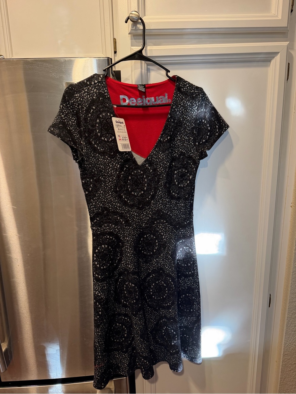 Desigual Black & Red V-Neck Fit-and-Flare Dress